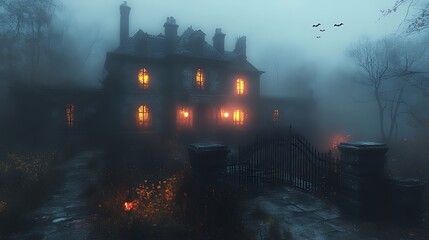 Fototapeta premium Foggy Halloween mansion, autumn night, spooky scene, digital art