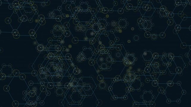 A network of interconnected hexagons, arranged in a circular pattern. The complex network shows interconnectedness and gradual decrease in size