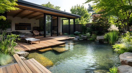 Obraz premium Serene Backyard with a Natural Pool and Wooden Deck – Modern Outdoor Retreat