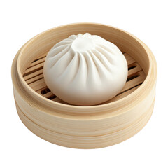 Steamed Bao Bun in Bamboo Steamer: A single, perfectly formed steamed bao bun sits nestled in a traditional bamboo steamer, showcasing its soft, pillowy texture and delicate pleats. The warm.