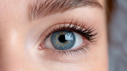 Obraz premium Close-up of a blue eye, eyelashes, skin. Beauty, cosmetic ad