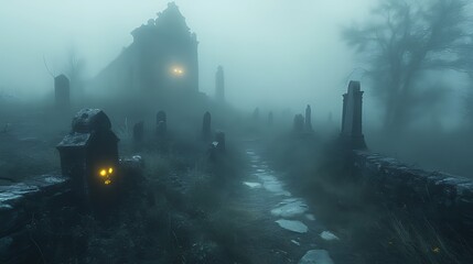 Foggy graveyard path, lantern light, church, Halloween
