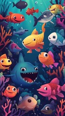 Fototapeta premium A Colorful Gathering Of Happy Cartoon Fish Underwater