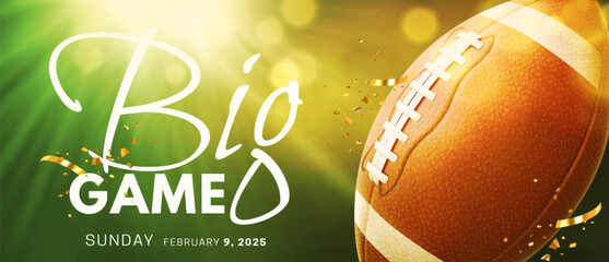 Big game championship banner with realistic classic brown leather 3d rugby ball and bright light on green background. Flyer for American football. Vector illustration