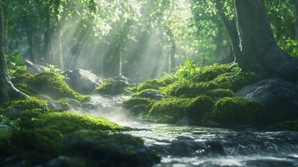 Fototapeta premium Lush Green Forest Stream with Sunbeam and Soft Water Reflection