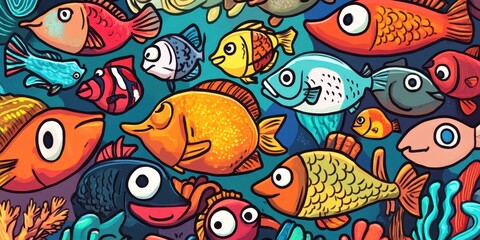 Fototapeta premium Colorful Cartoon Fish Swim in Vibrant Reef Scene
