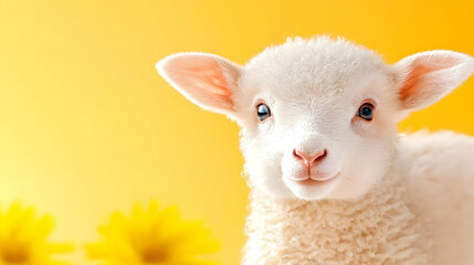 Fototapeta premium Cute lamb, yellow background, sunflowers, spring