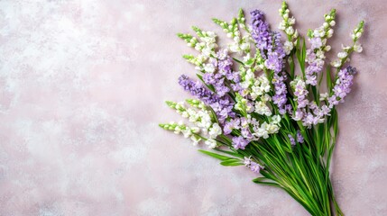 Obraz premium A minimalist yet festive floral arrangement with a soft pink backdrop, perfect for text and presented in a trendy flat lay style