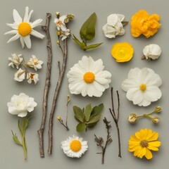 Obraz premium Various flowers and leaves laid out flat against a white background, capturing a minimalist botanical aesthetic, ideal for natural branding or floral-themed designs