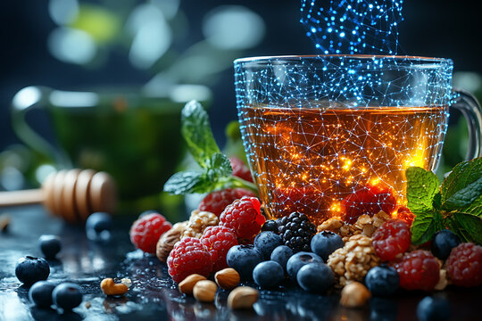 A nutritious breakfast bowl with a glowing wireframe overlay, showcasing a modern and artistic approach to healthy eating