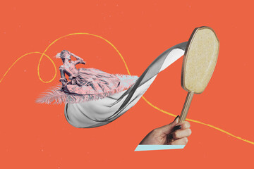 Composite image montage trend artwork 3D collage of hand hold mirror young lady dramatic sit rococo fashion historical feather dress