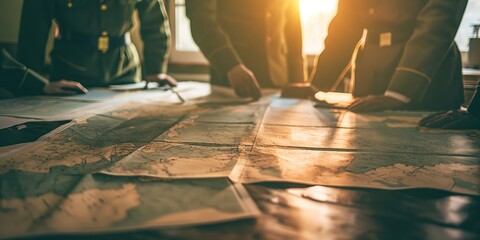 High ranking military officers in uniform are gathered around a large table, carefully examining detailed maps, likely strategizing for a military operation or analyzing geopolitical scenarios