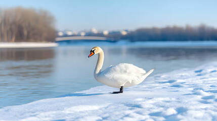 Fototapeta premium Elegant swan on snowy riverbank, winter city background; nature photography