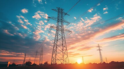 Fototapeta premium Sunset Over Electrical Transmission Towers Silhouetted Against Sky
