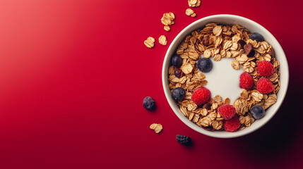 bowl of muesli with fruits and milk  , cereal , granola on red  background 