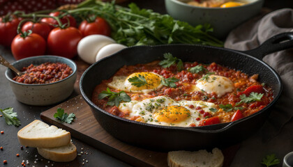 Shakshuka with eggs and tomatoes in cast iron skillet