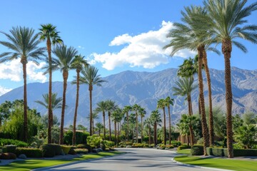 Palm Tree Lined Street with Majestic Mountain View in California