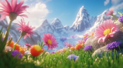 Obraz premium minimalist spring flowers framed by a mountain range
