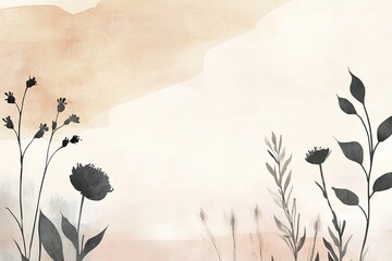 Delicate and minimalist watercolor floral invitation background, featuring a light beige backdrop and faint pink and gray flowers, perfect for weddings, birthdays, or special events