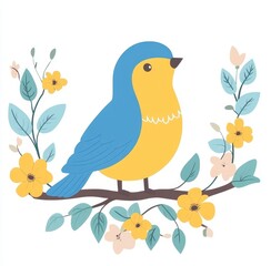 Bird and flowers featured on an invitation in green and blue. The design elements are set against a white background, creating a colorful look