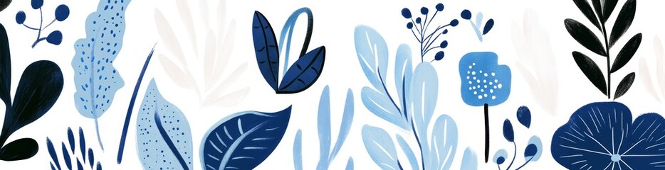 Abstract blue flower art seamless pattern set. Trendy floral nature shape background illustration for contemporary designs. Natural organic plant leaves artwork wallpaper print collection with
