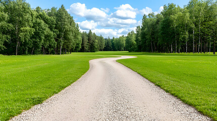 Obraz premium Winding path through lush green park, sunny day