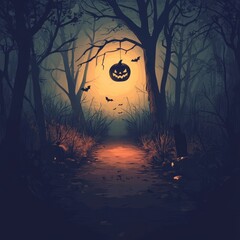 Halloween Jackolantern Hanging In Dark Forest Path