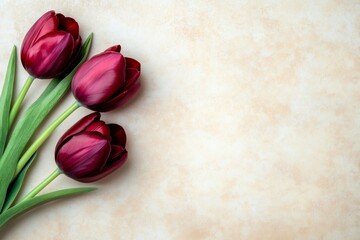 National Tulip Day is celebrated with a minimalist stock photo of three red tulips on a beige background