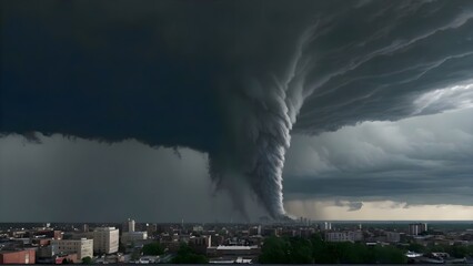 A massive tornado approaches a city on the horizon, with dark, swirling clouds creating a dramatic scene against the urban skyline