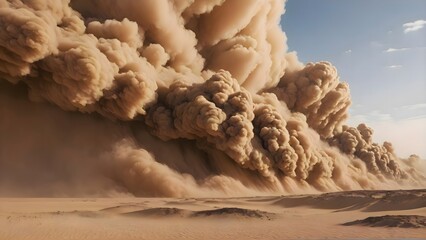 A massive sandstorm sweeps across the desert, with towering columns of sand rising into the sky. The swirling winds create a dramatic and chaotic scene, engulfing the barren landscape