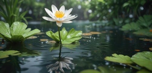 Dreamy image of white orange flower floating near green aquatic plant, nature, bloom, relaxation, purity