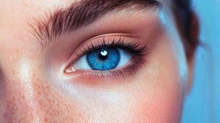 Obraz premium Close-up of a person's eye with striking blue iris and surrounding skin.
