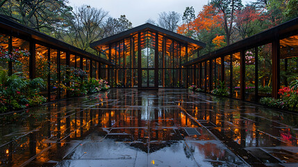 Autumnal glass pavilion, wet stone floor, forest backdrop, peaceful reflection, serene nature scene