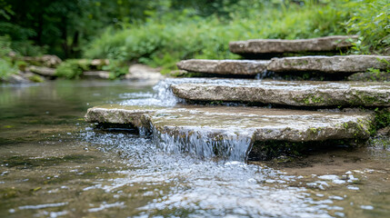 Tranquil creek steps, lush greenery, nature background, serene escape