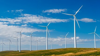 Fototapeta premium Wide landscape with wind turbines on a sunny day, symbolizing clean energy production, renewable resources and sustainable technology in an open field