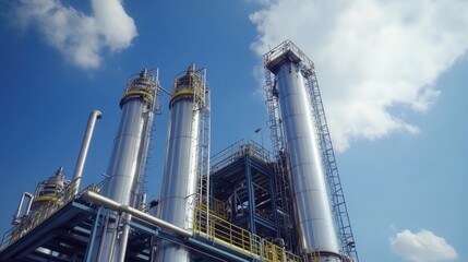 Industrial water treatment plant with blue sky. Clean water management infrastructure and technology.