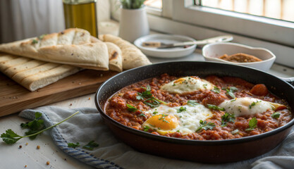 Shakshuka with poached eggs served with flatbread