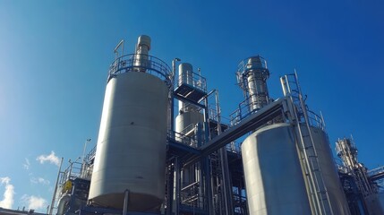 Obraz premium Industrial water treatment plant with blue sky. Clean water management infrastructure and technology.