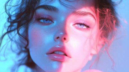 Naklejka premium A digital rendering of a woman's face with pink and blue lighting.