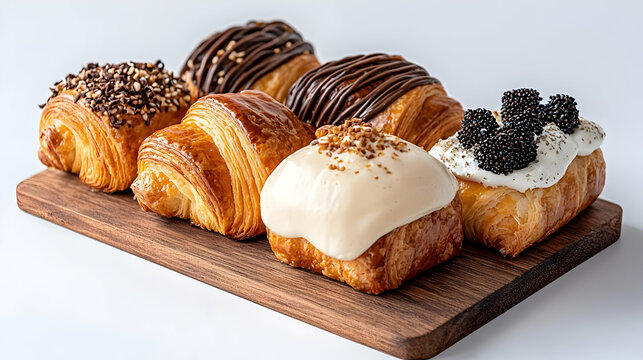 Assorted pastries on wooden board, white background. Food photography for menu - Powered by Adobe