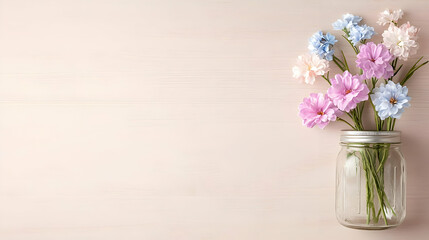 Fototapeta premium Pastel flowers in glass jar, wood background, copy space, greeting card
