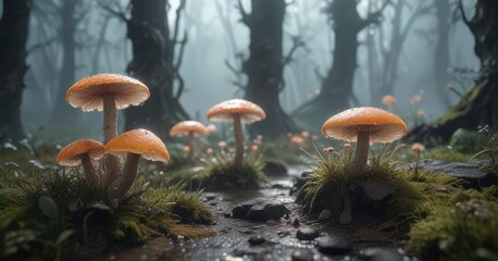Fototapeta premium Ethereal fungal caps glowing softly in the misty atmosphere, otherworldly glow, eerie ambiance