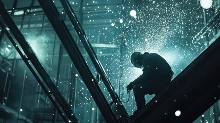 Industrial worker welding metal steel structure in a factory.