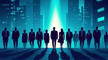 Silhouetted business team walking towards bright city light.