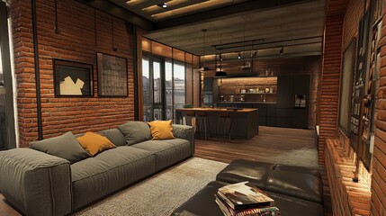Industrial-style living room with sofa and brick walls