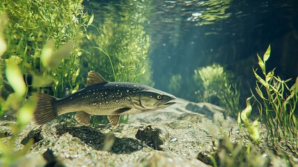 Fototapeta premium A detailed image of a pike fish in a shallow river, photorealistic freshwater setting 