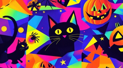 Neon Halloween Art Featuring Black Cats Pumpkins And Spiders