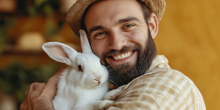 Smiling man holding a rabbit in a cozy indoor setting portrait photography warm environment close-up view animal affection