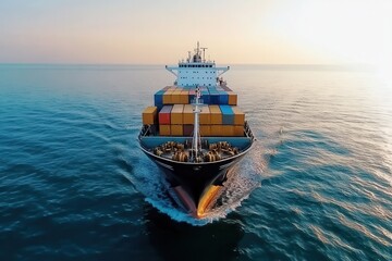 Cargo Ship Navigating Calm Waters During Beautiful Sunrise