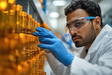 India A biotech research lab with robotic testing equipment analyzing pharmaceutical compounds.